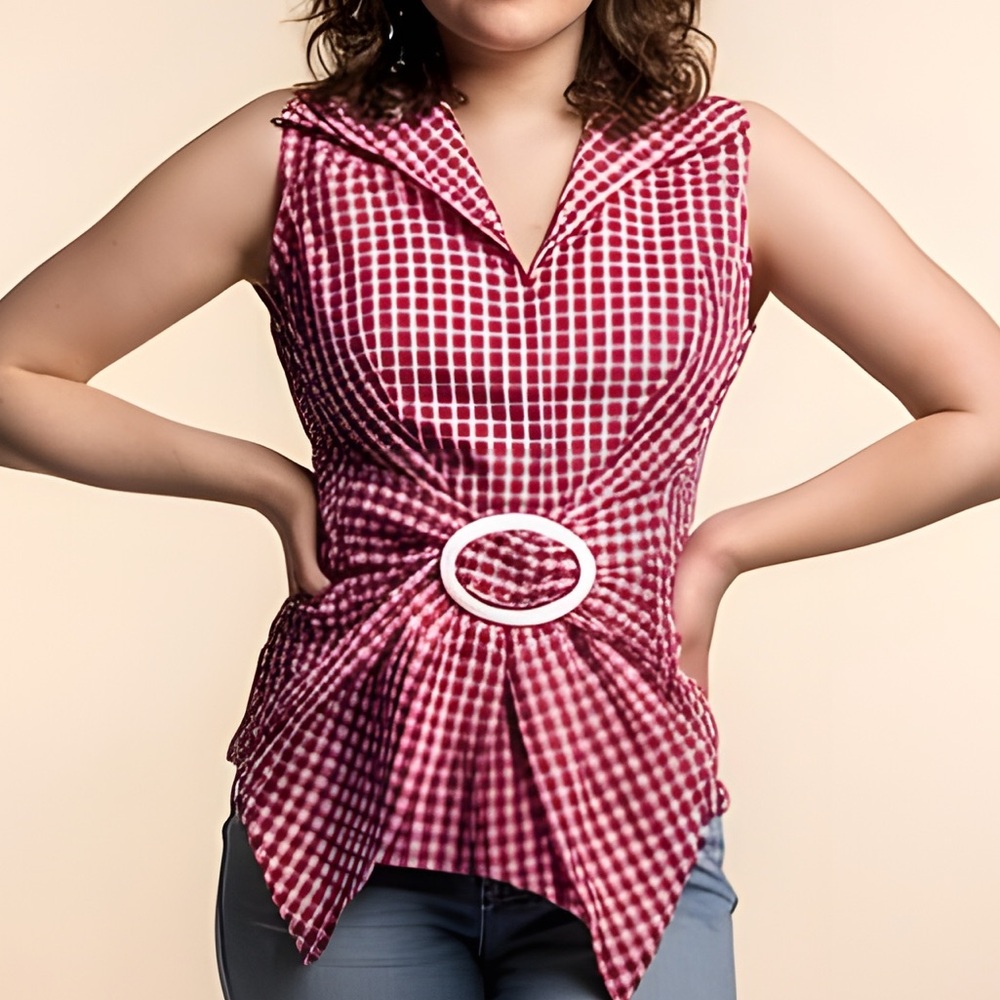 Vintage Y2K Debbie Shuchat pink gingham tie front preppy blouse -- XL